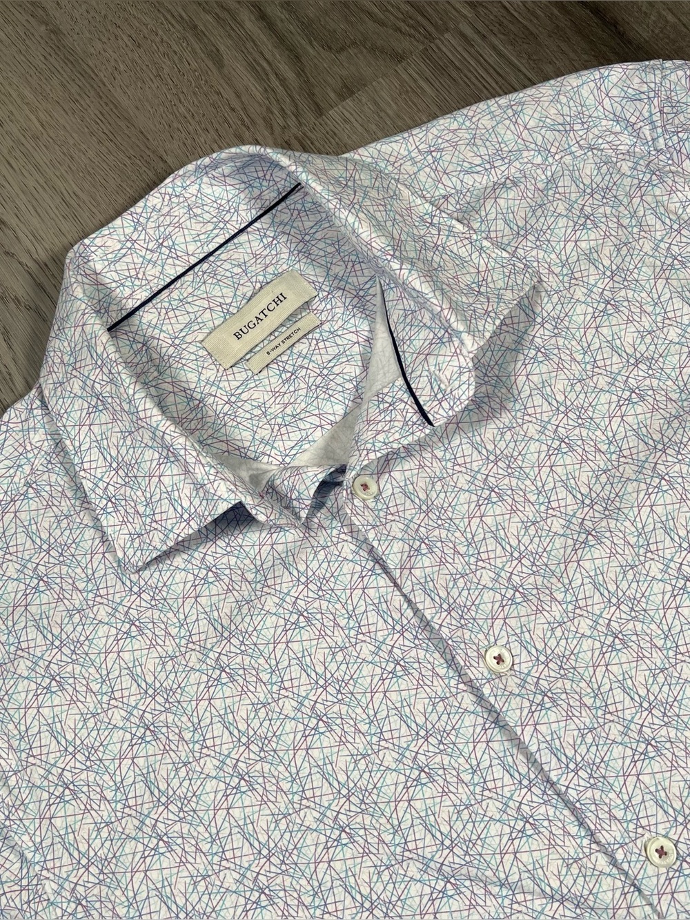 BUGATCHI Men's L White Blue Purple Pattern 8-Way Stretch Short Sleeve Shirt